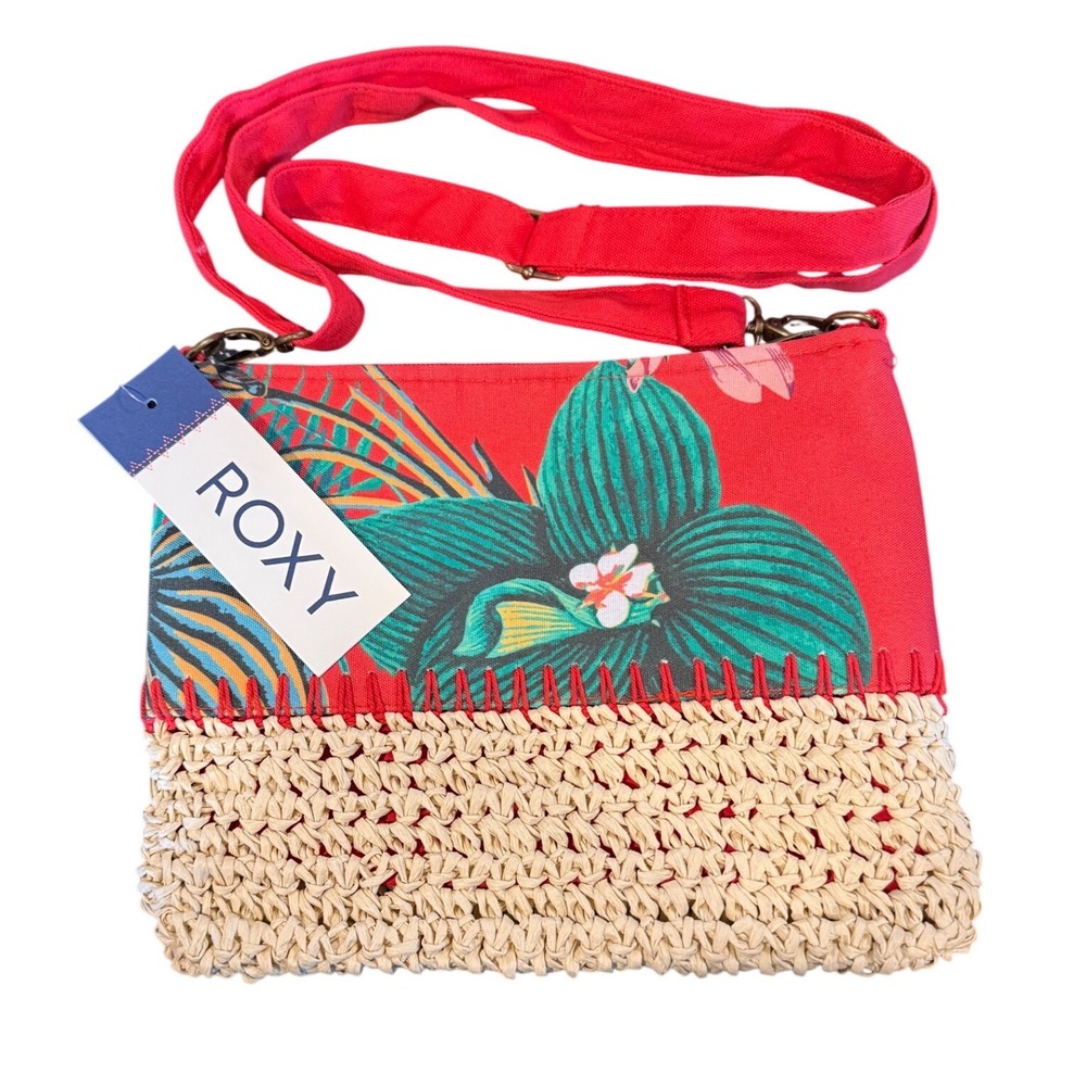 Roxy‎ Eastern Cuba Crossbody Bag Red Floral Tropical Canvas Woven Straw NWT